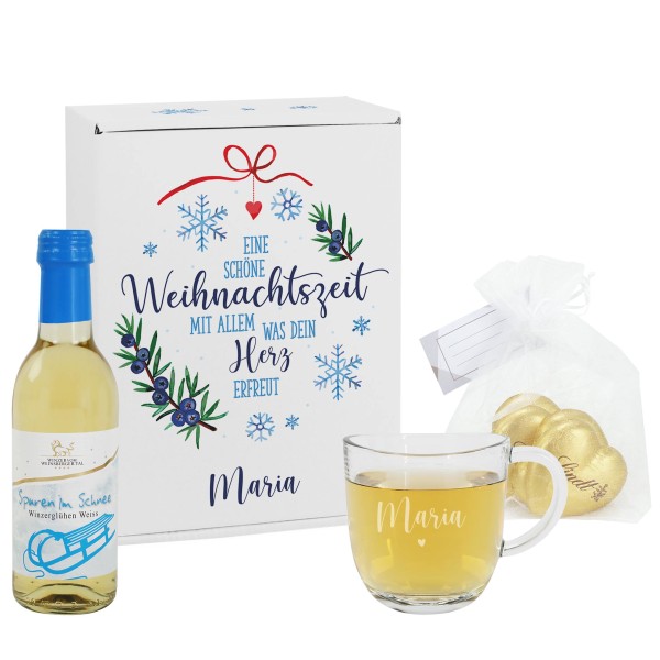 Glühwein Geschenkset zu Weihnachten mit Glas und Schokolade