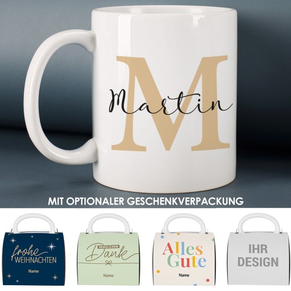 Tasse mit Initiale und Name sowie optionaler Geschenkverpackung